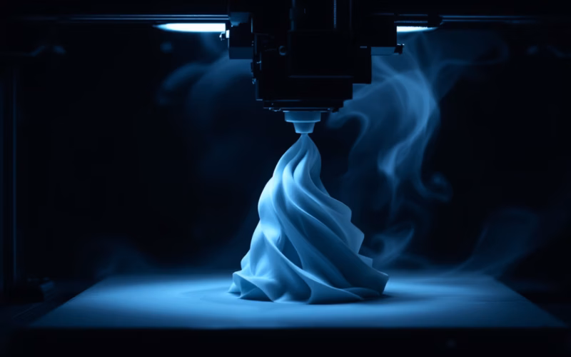 3D Drucker während des aktiven Druckvorgangs mit leuchtend heißer Düse