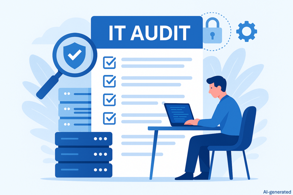 IT-Audit Prozess mit Checklisten und Compliance-Dokumentation auf Display
