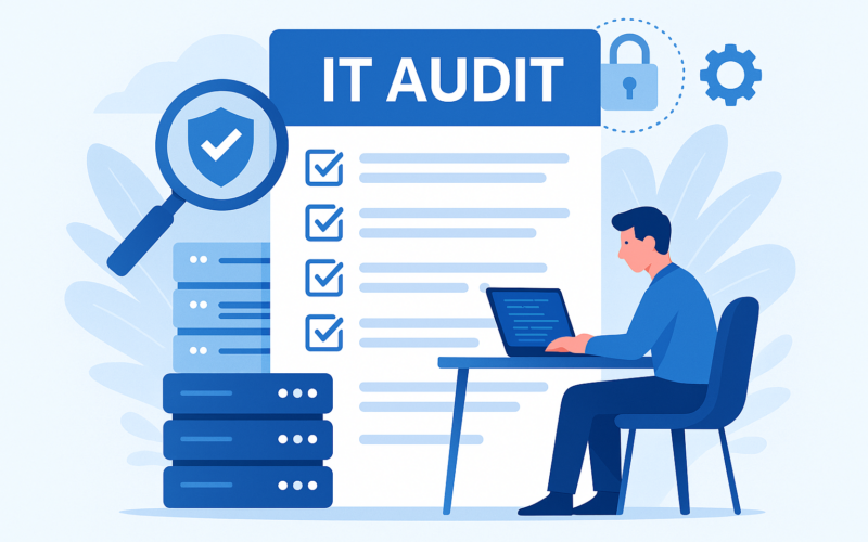 IT-Audit Prozess mit Checklisten und Compliance-Dokumentation auf Display