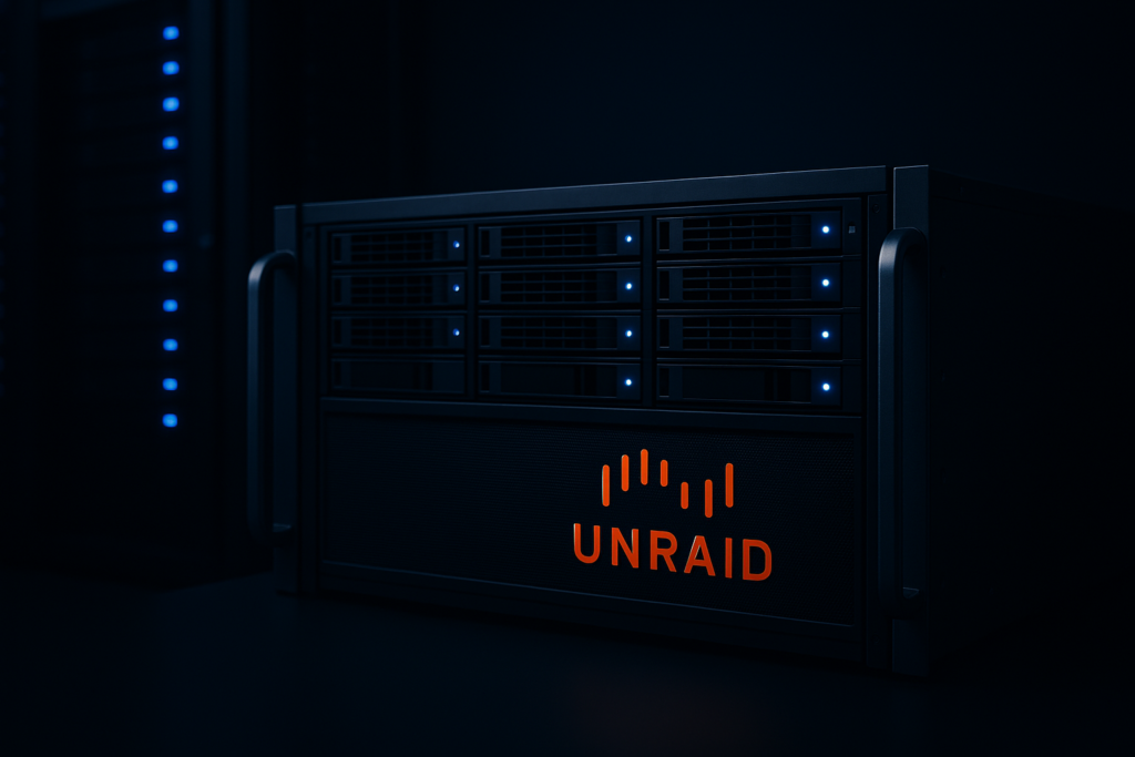 Unraid Server mit mehreren Festplattenschächten und LED-Beleuchtung in einem Gehäuse